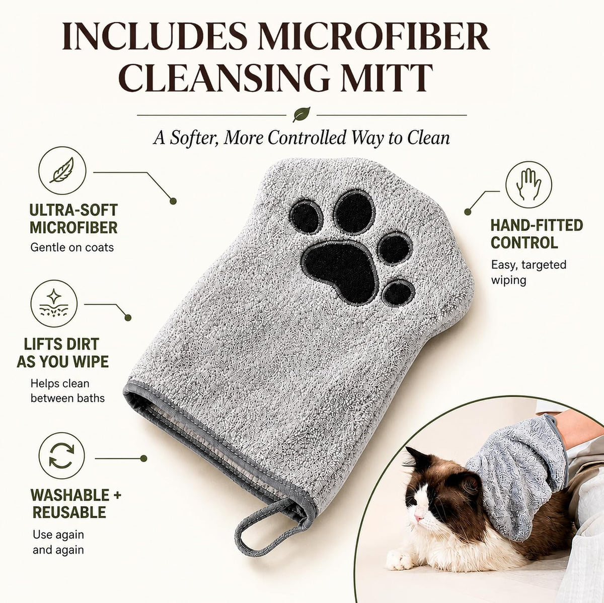 4-in-1 Waterless Cat Shampoo and Conditioner Concentrate with Mitt, Makes 24 Bottles of Dry Shampoo for Cats – Cleanses,