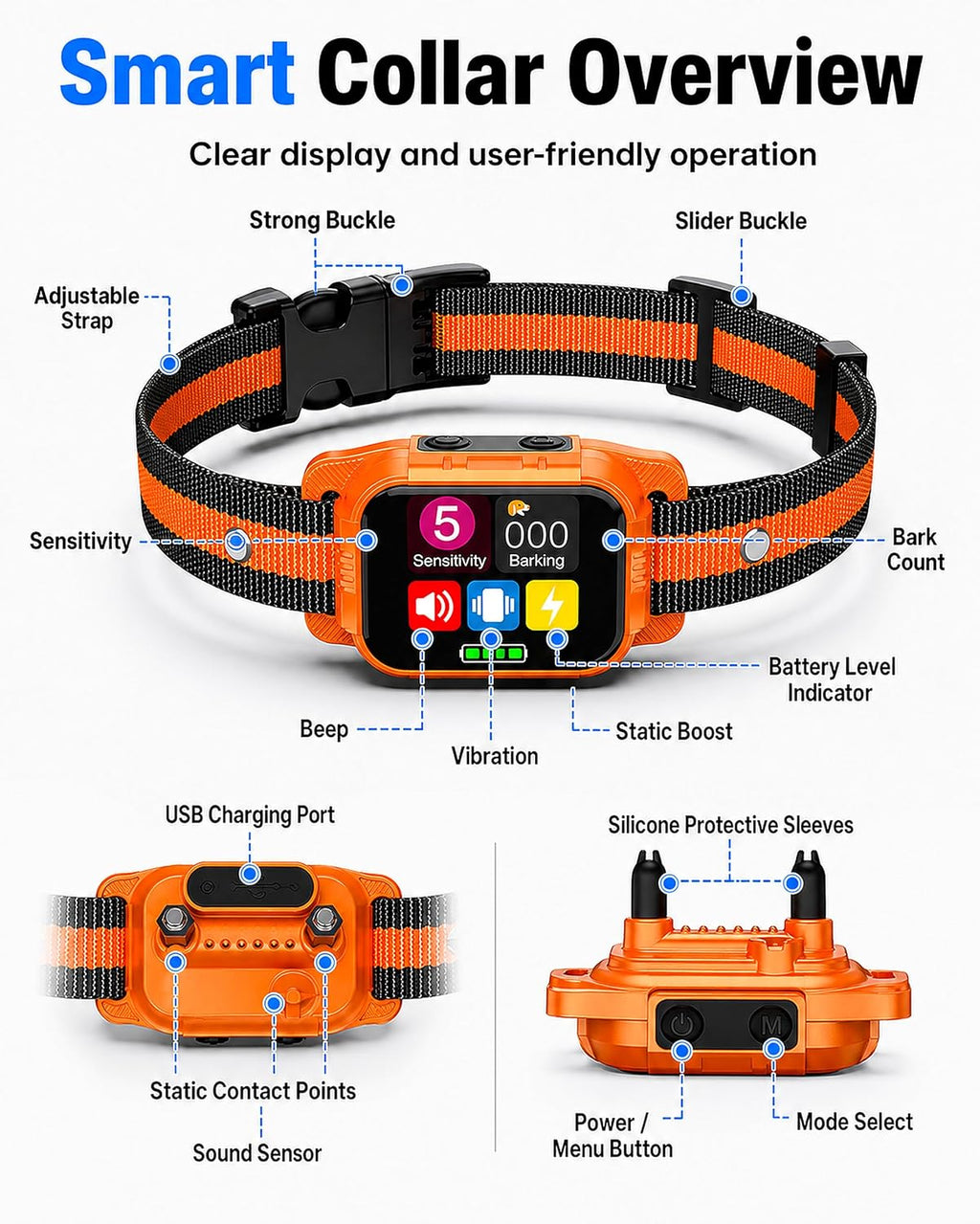 New Upgrade Dog Bark Collar for Large Medium Small Dogs, Smart Rechargeable Anti Barking Collar with Beep and Vibration,