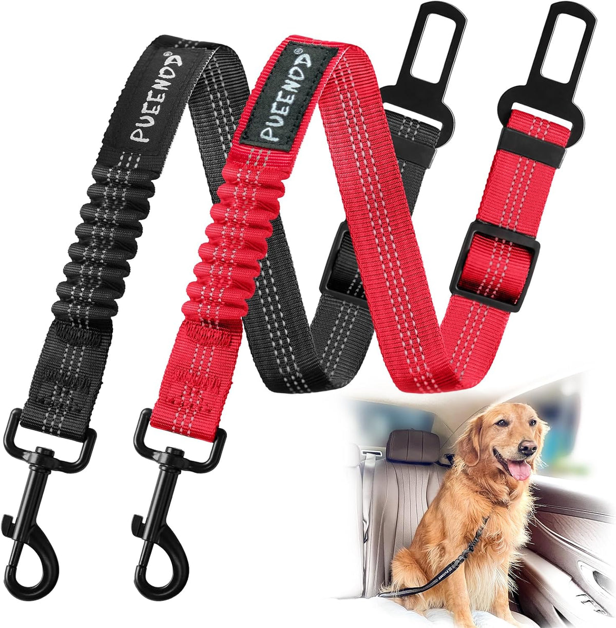 2 Pack Dog Seat Belt Adjustable Dog Car Seatbelts for Vehicle Nylon Pet Safety Seat Belt with Elastic Bungee Buffer Refl