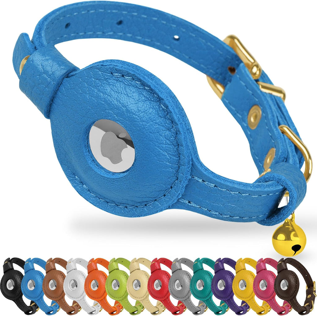 OOPSDOGGY Leather AirTag Cat Collar with Bell - Non Breakaway Kitten Collar with Apple Air Tag Holder - Lightweight GPS 