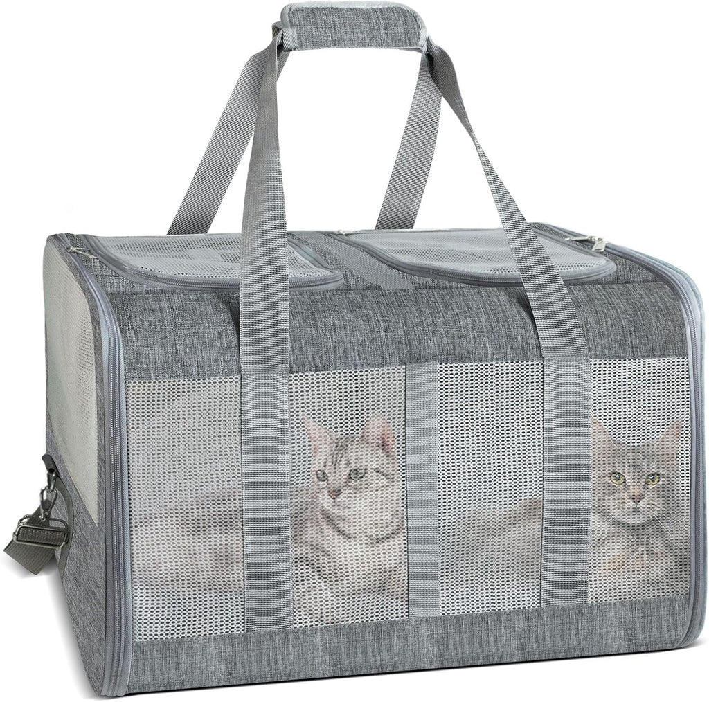 Soft-Sided Cat Carrier for 2 Cats, Gray, Breathable Mesh Design, Airline Approved Travel Bag for Small to Large Cats, Ex