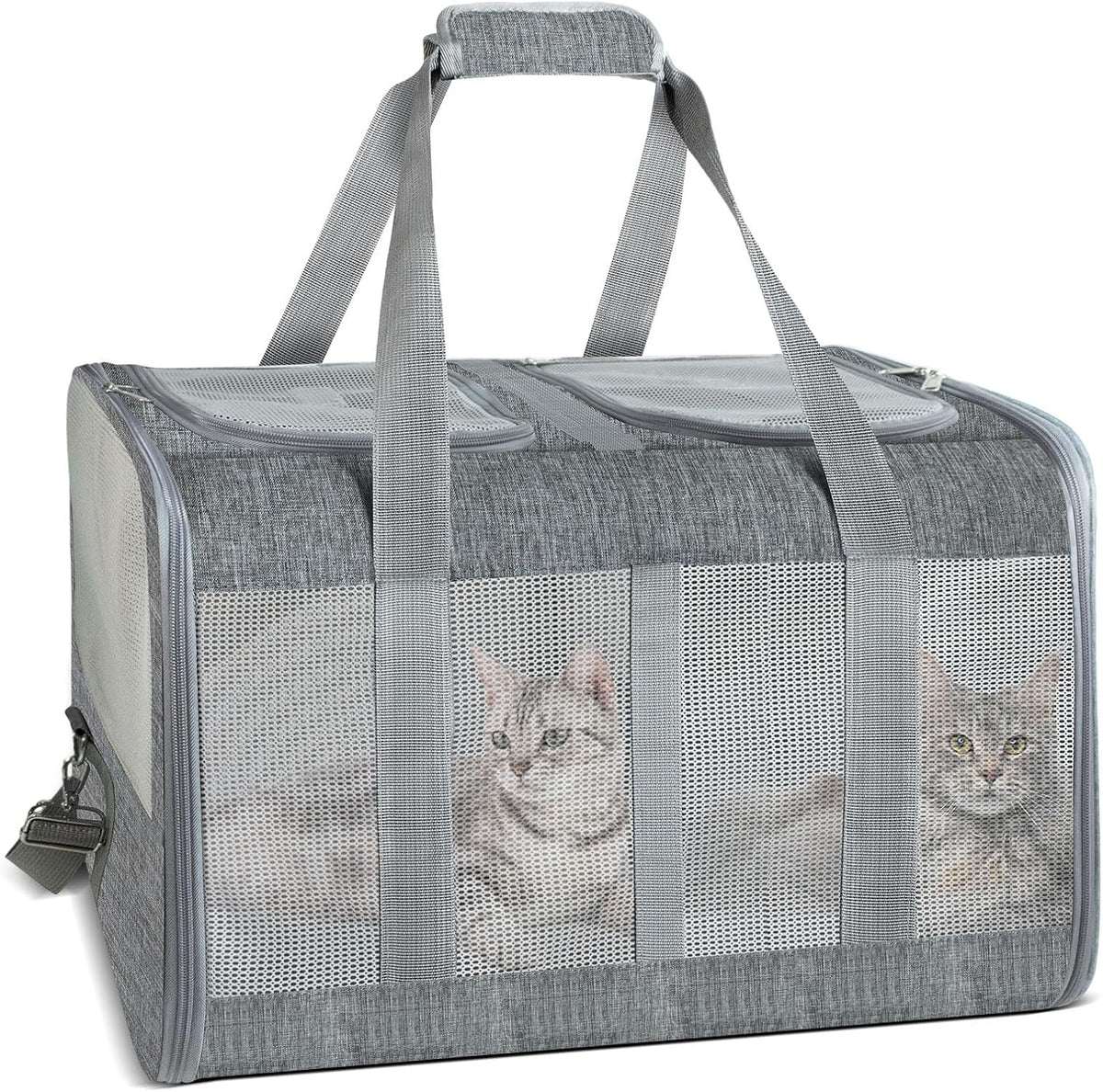 Soft-Sided Cat Carrier for 2 Cats, Gray, Breathable Mesh Design, Airline Approved Travel Bag for Small to Large Cats, Ex
