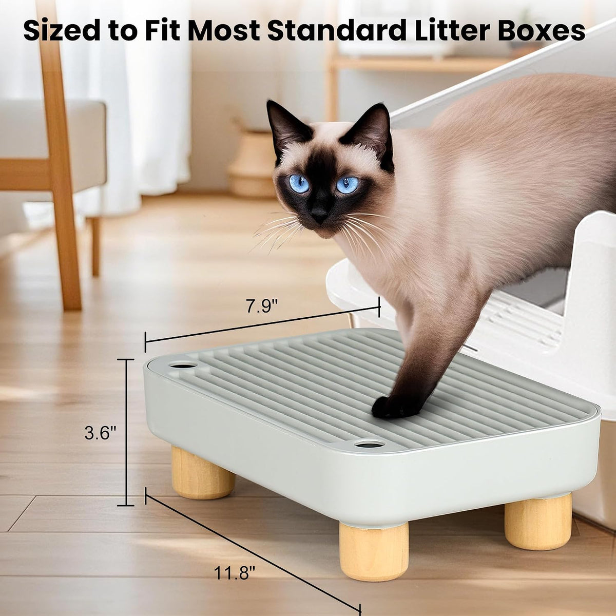 Litter Box Step, Litter Box Ramp/Catcher with Wooden Base, Anti-Tracking & Easy to Clean, Ideal for Small & Elderly Cats