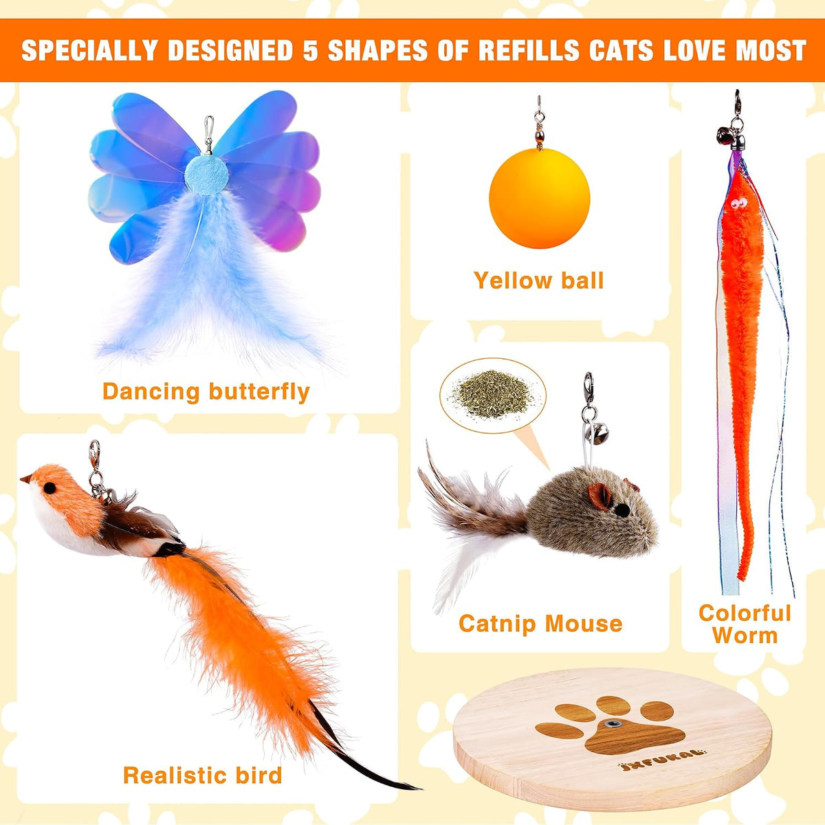 JXFUKAL Interactive cat Toy, Automatic Cat Wand Toy with Stable Wooden Base, 2 PCS Detachable Cat Teaser, 5PCS Refills R