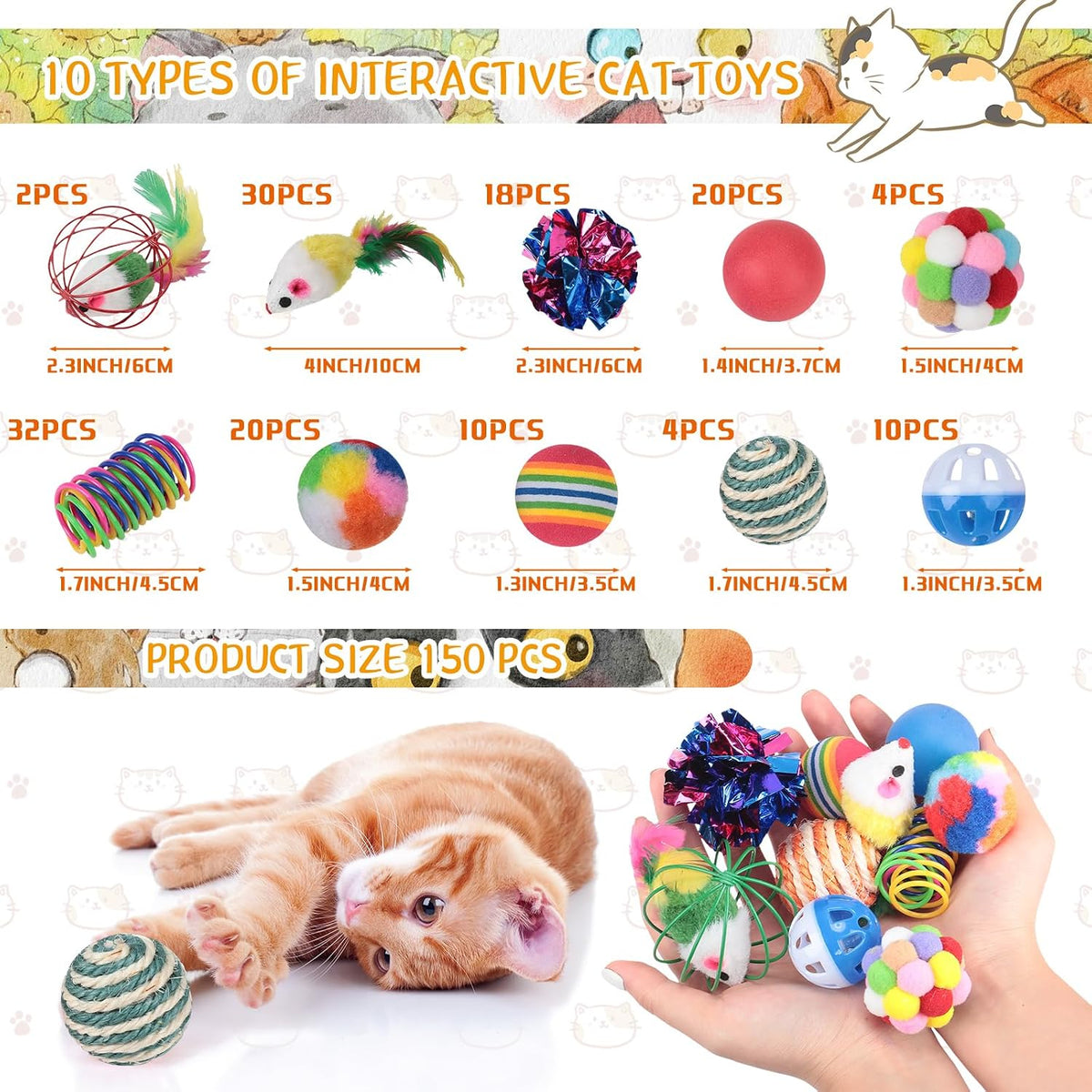 Shappy 150 Pcs Cat Toys Bulk Pack, Christmas Indoor Cats Gifts, Classic
