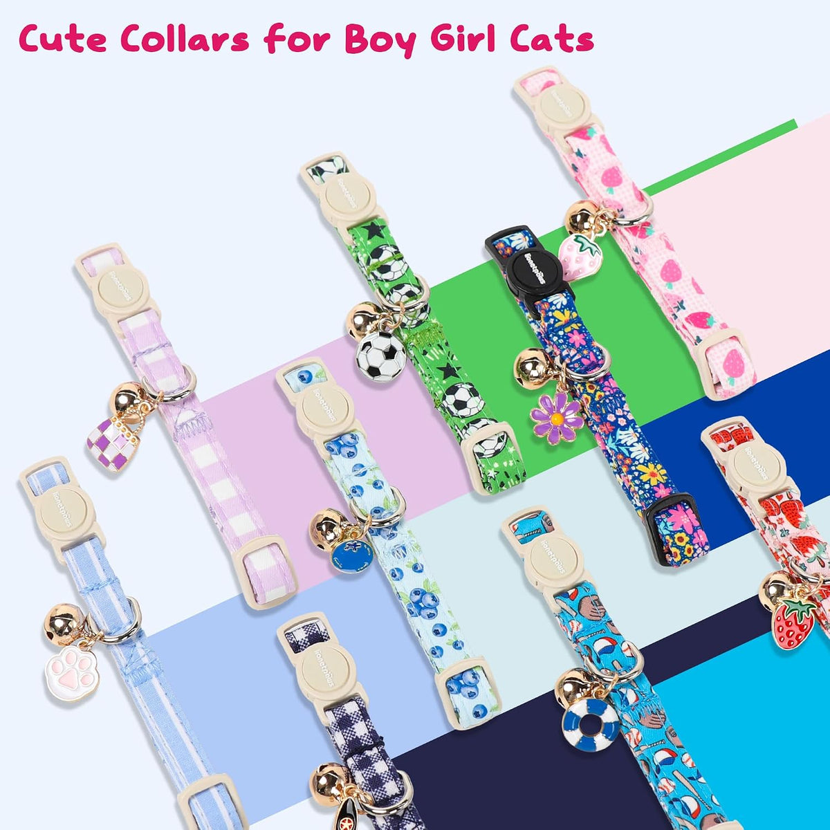 LIONET PAWS 2 Pack Breakaway Cat Collars, Cute Soft Cotton Plaid Gingham & Blue Stripe Kitten Collars with Bell for Boy 