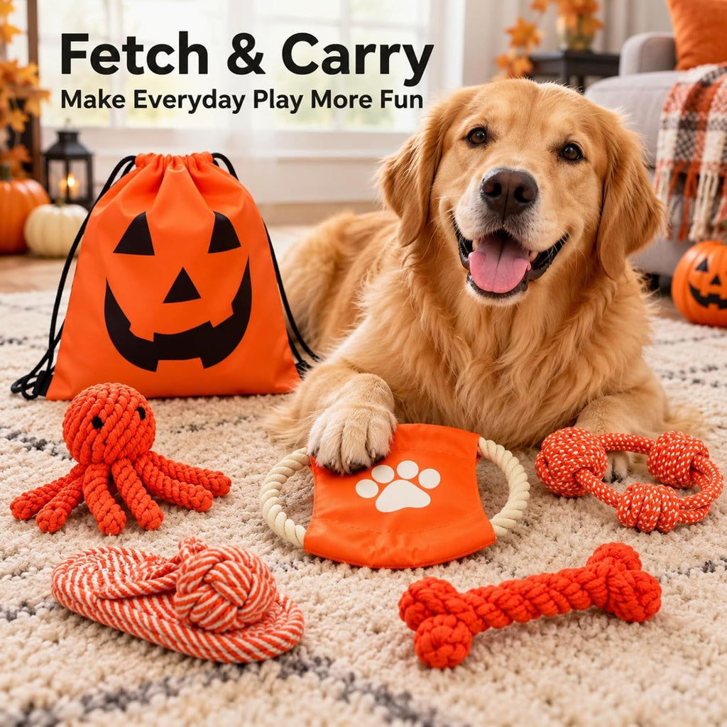 Halloween Rope Dog Toys 5-Piece Set with Pumpkin Ghost Bag