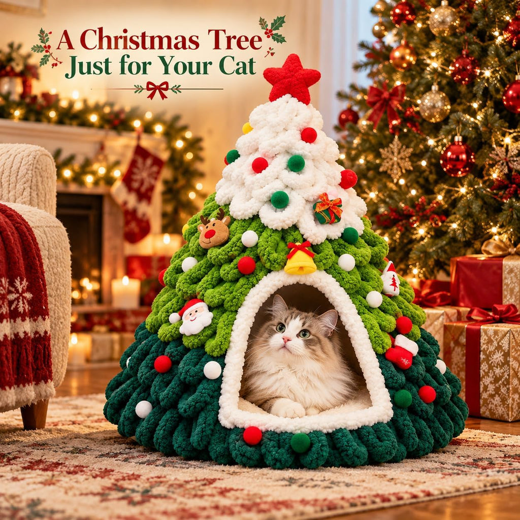 Christmas Tree Cat Bed, Cozy Holiday Cat Cave for Indoor Cats, 3D Christmas Cat House with Semi-Enclosed Hideaway, Folda