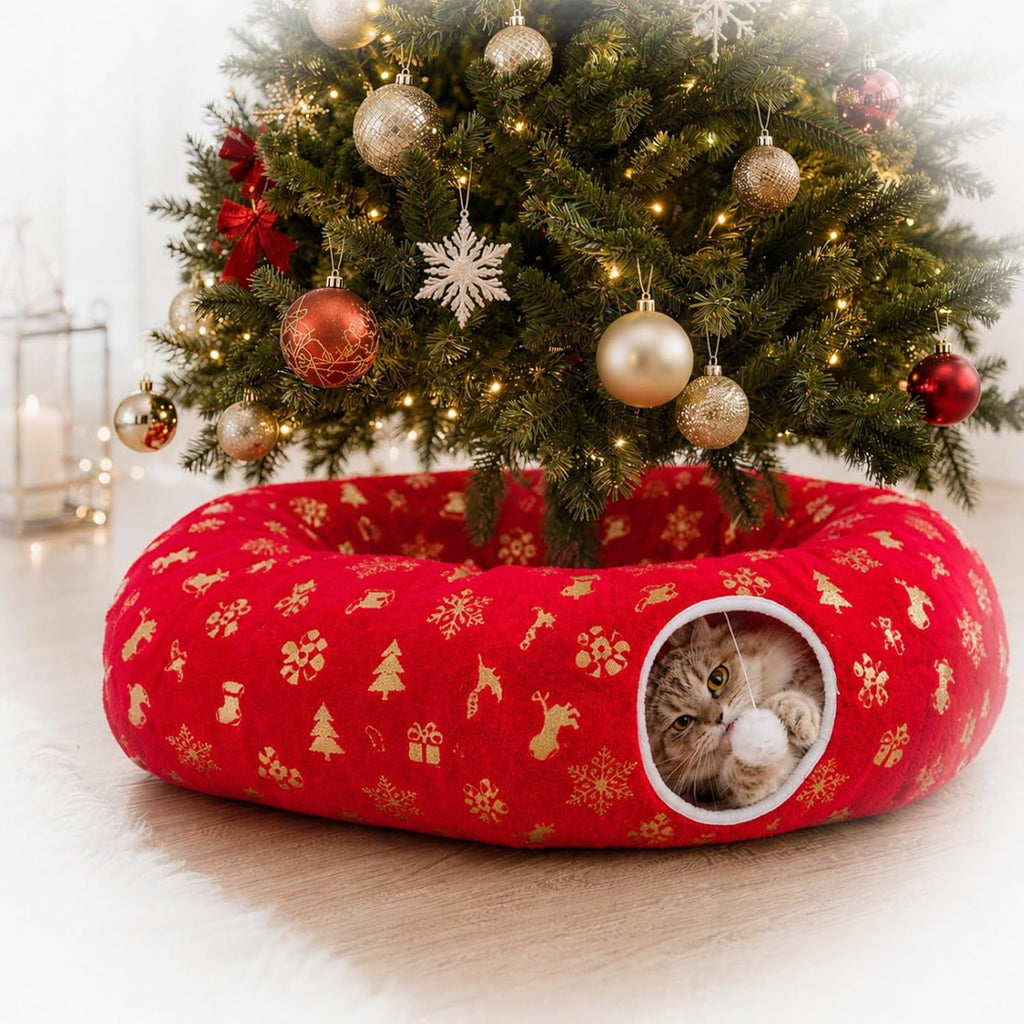 35.4" Christmas Cat Tunnel Bed, Plush Cat Cave & Tree Skirt