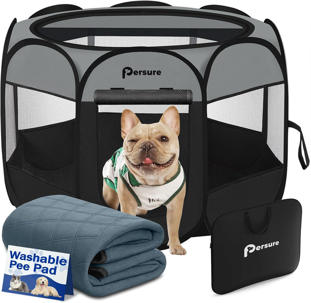 Persure Cat Dog Playpen Tent Crate Cage with Pee Pad, Dark Grey Small