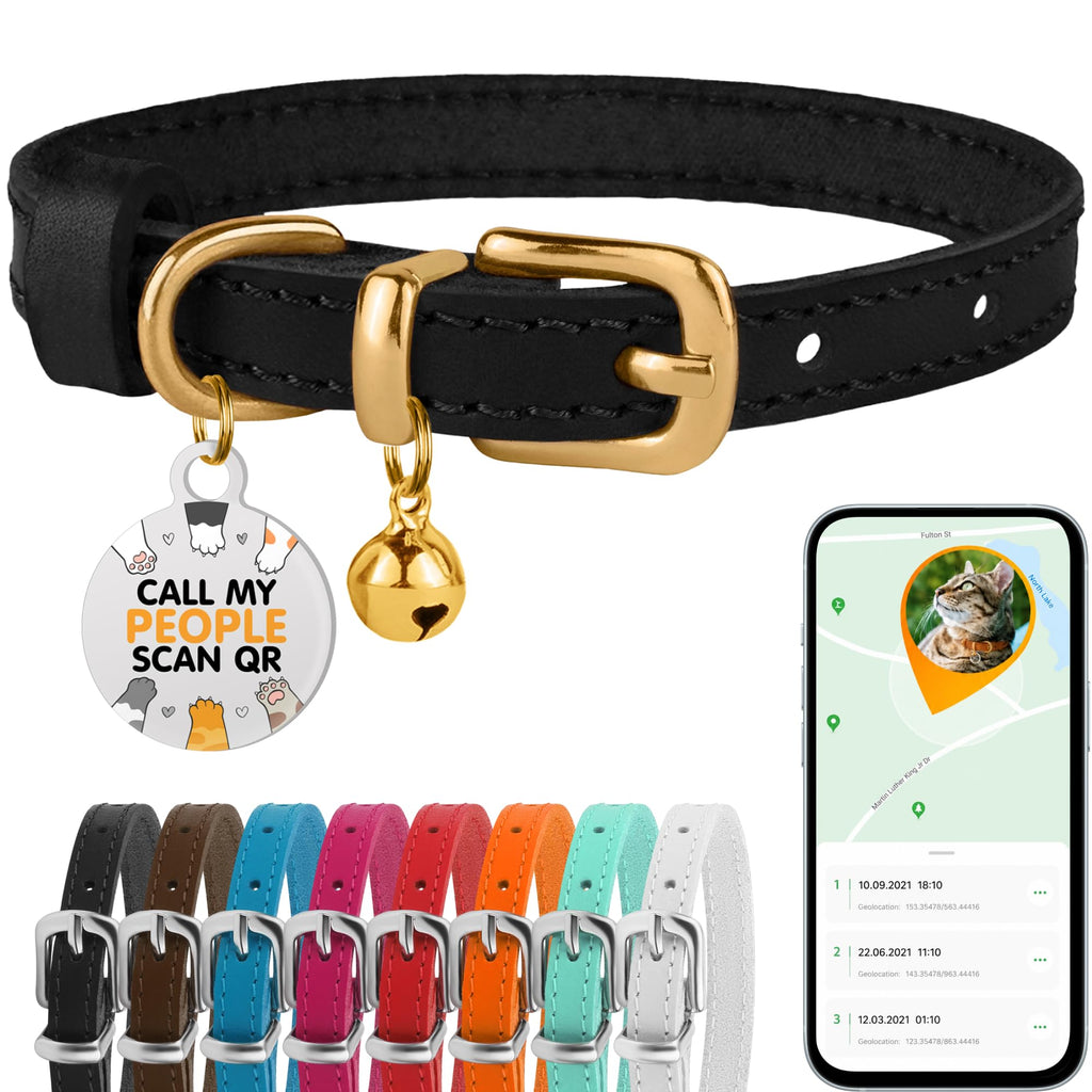 Leather Cat Collar, Removable Bells, QR Tag (7-9", Black & Gold)