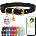 Leather Cat Collar, Removable Bells, QR Tag (7-9", Black & Gold)