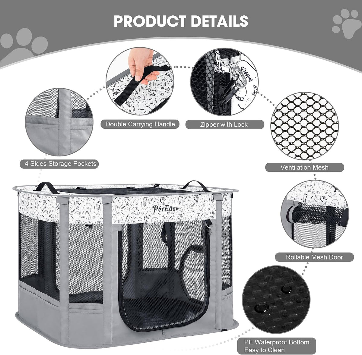 Portable Cat Playpen with Litter Box, Cat Enclosure for Camping, Cat Recovery Playpen After Surgery, Foldable Indoor Out