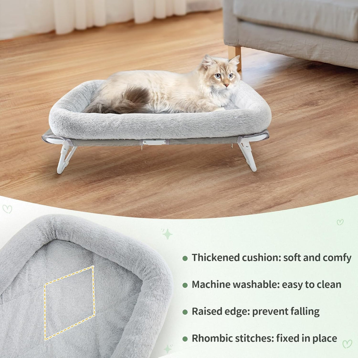 Sunhoo Elevated Cat Bed Foldable Raised Pet Hammock Self-Supporting Puppy Lounger with Off Floor Metal Frame Washable Co