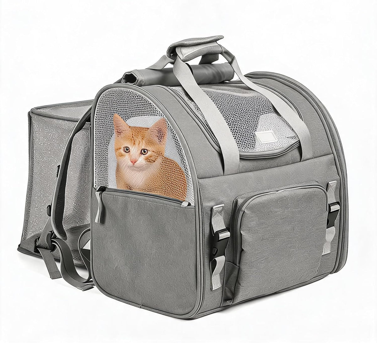 Expandable Cat Carrier Mesh Backpack with Expandable Mesh Side, Padded Shoulder Straps, Breathable Nylon Travel Backpack