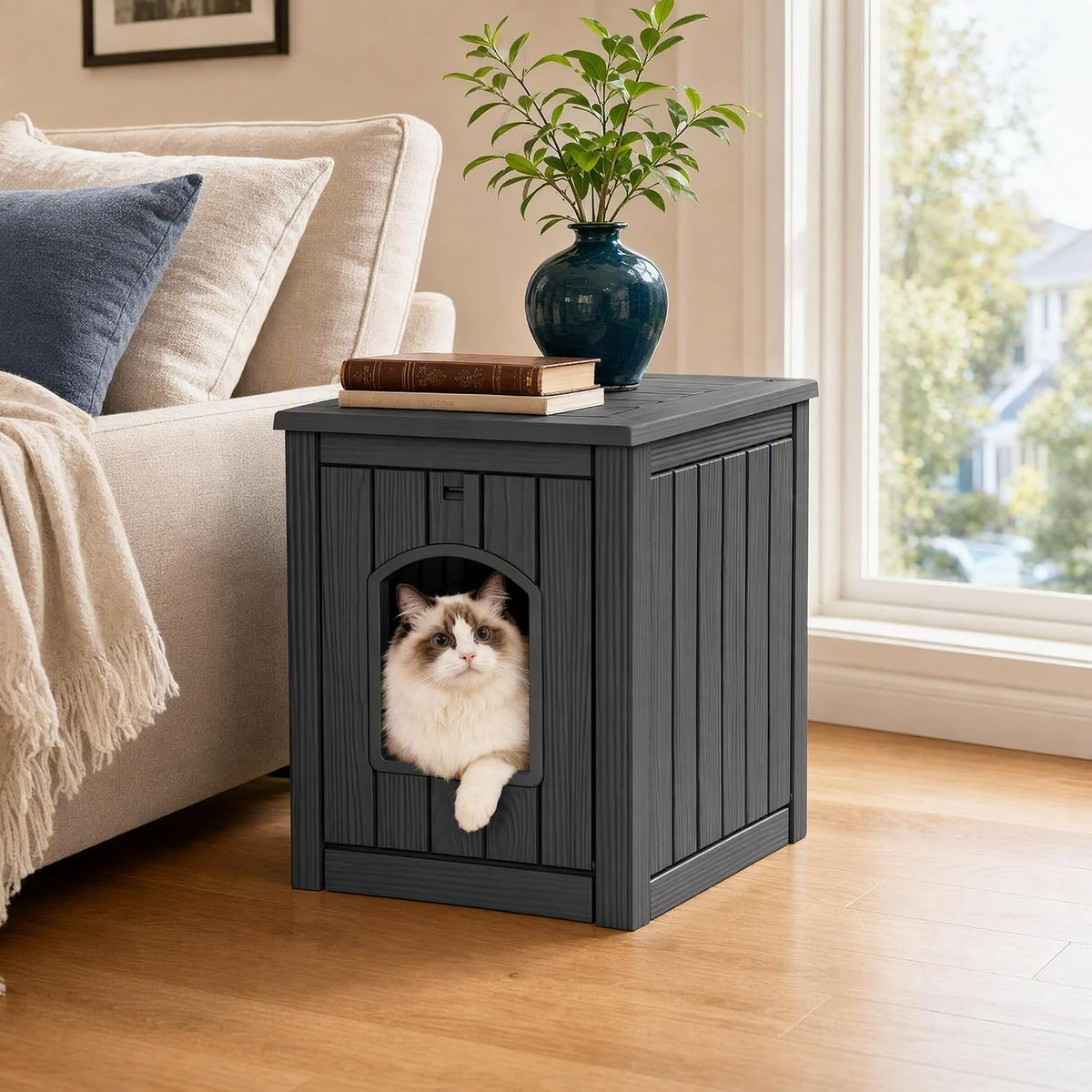 Cat House Outdoor Indoor Use, Weatherproof Cat Box Enclosure, Black