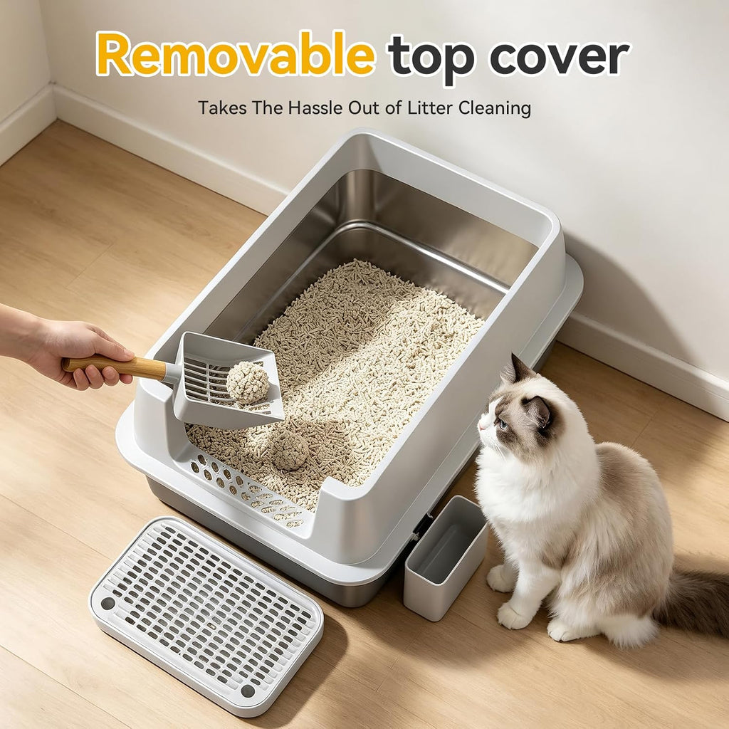 XL Enclosed Stainless Steel Litter Box with Lid, Light Gray