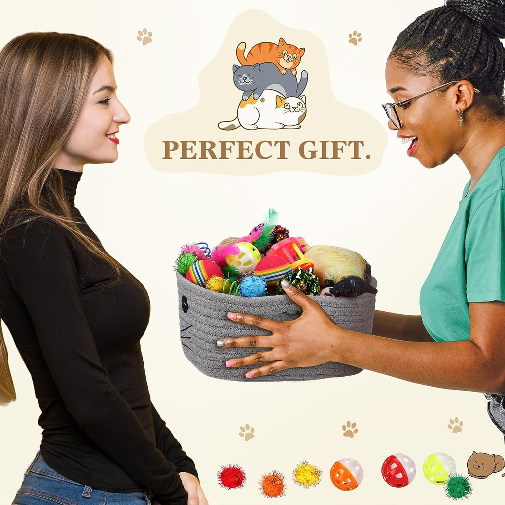 Zopeal 58 Pcs Cat Toy Set with Storage Basket Indoor, Grey, 9.8 Inch