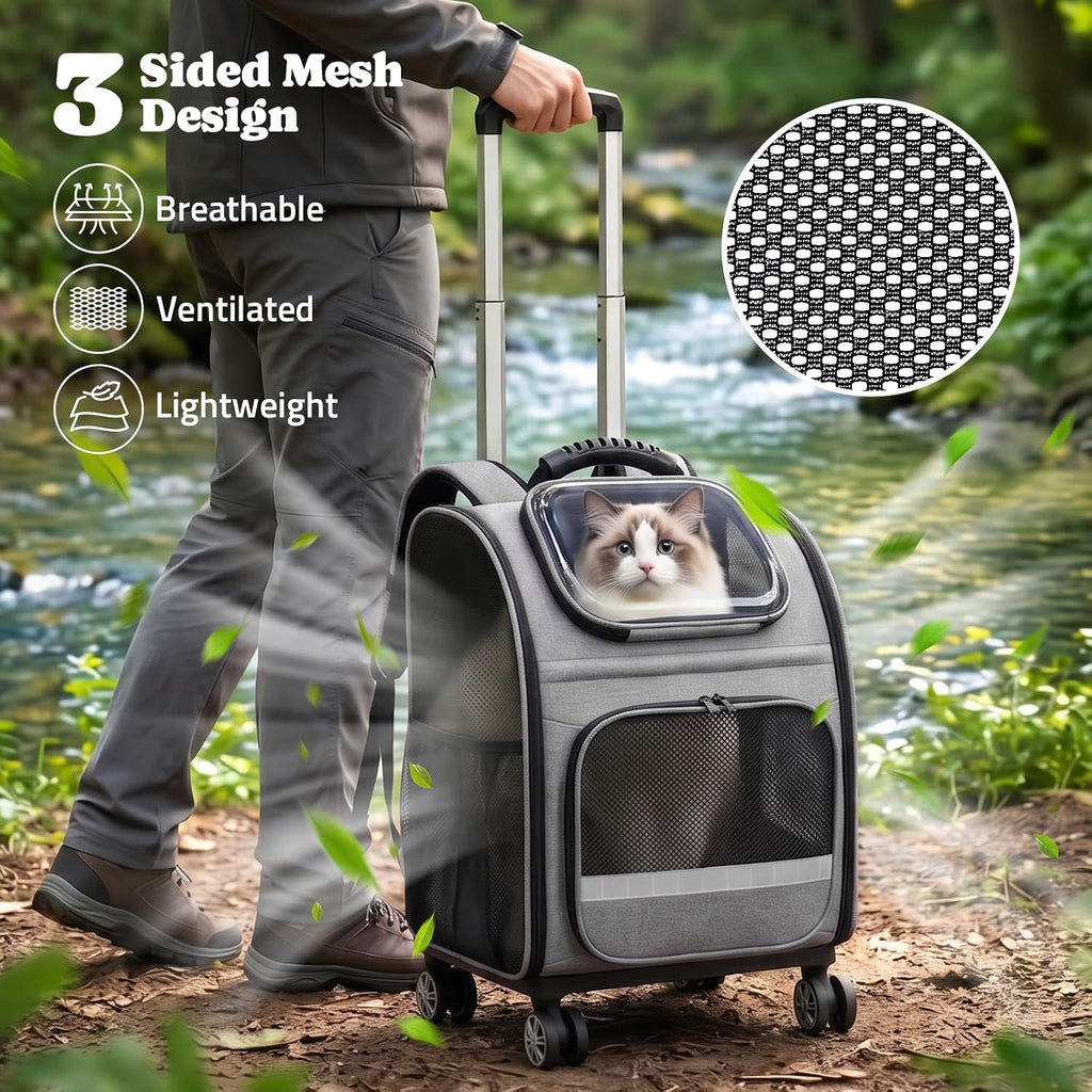 Rolling Cat Carrier Backpack with Wheels for Cats Small Dogs, Gray
