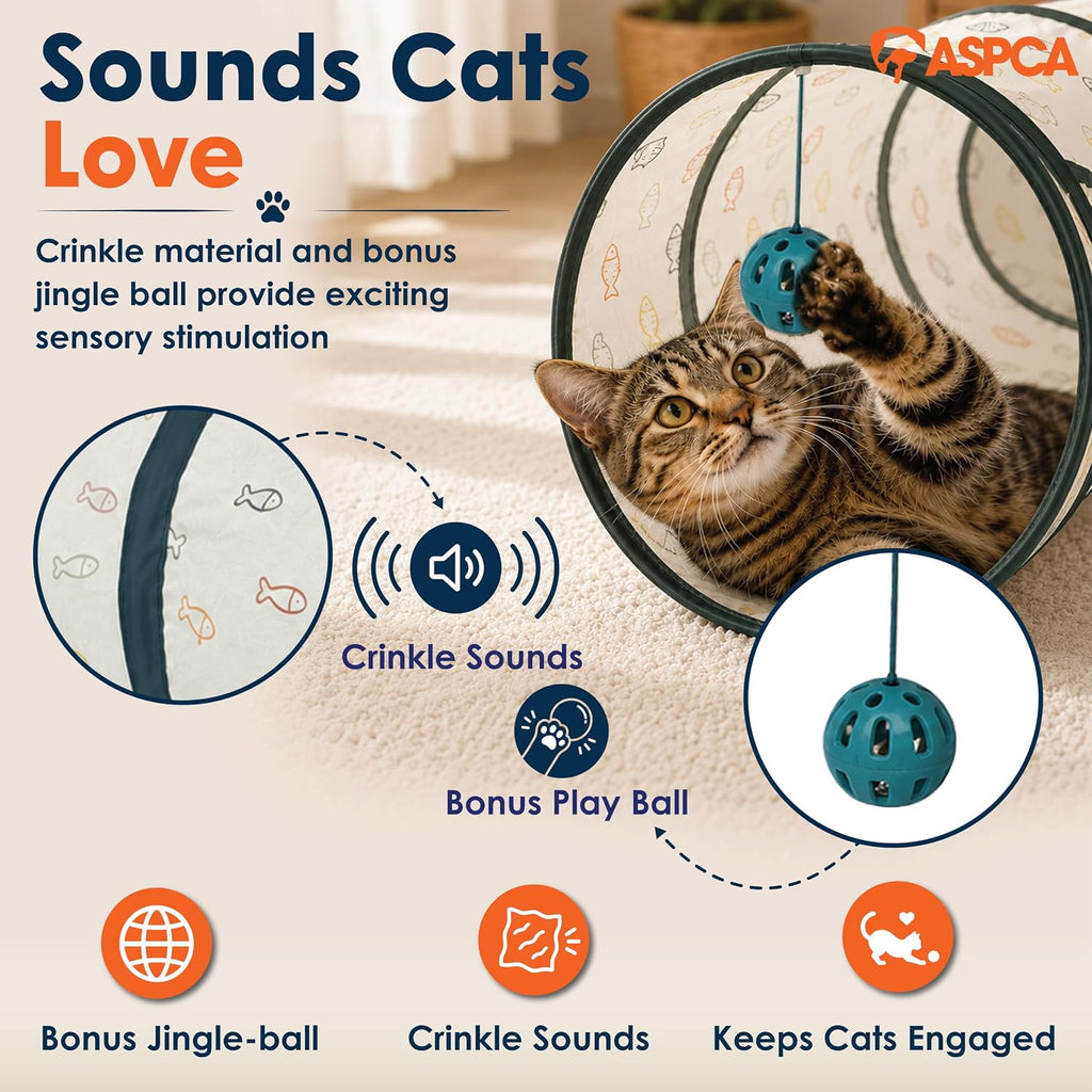 ASPCA Cat Tunnel with Rattle Toy – Interactive Collapsible Cat Tunnel for Indoor Cats, Crinkle Play Tunnel with Hanging 