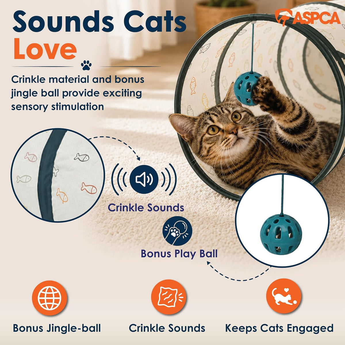 ASPCA Cat Tunnel with Rattle Toy – Interactive Collapsible Cat Tunnel for Indoor Cats, Crinkle Play Tunnel with Hanging 