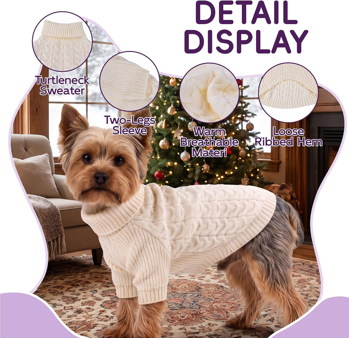 Dog Sweater Turtleneck Cable Knit Pet Sweater for Medium Large Dogs Soft Warm Cream White Dog Winter Clothes with Sleeve