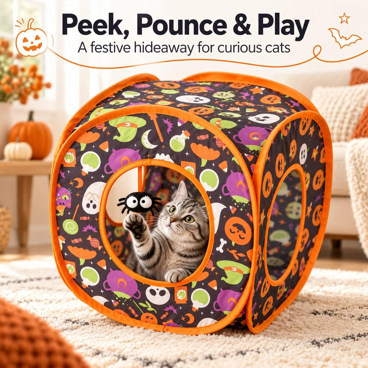 Halloween Square Cat Tunnel for Indoor Cats, Hide and Play Toy