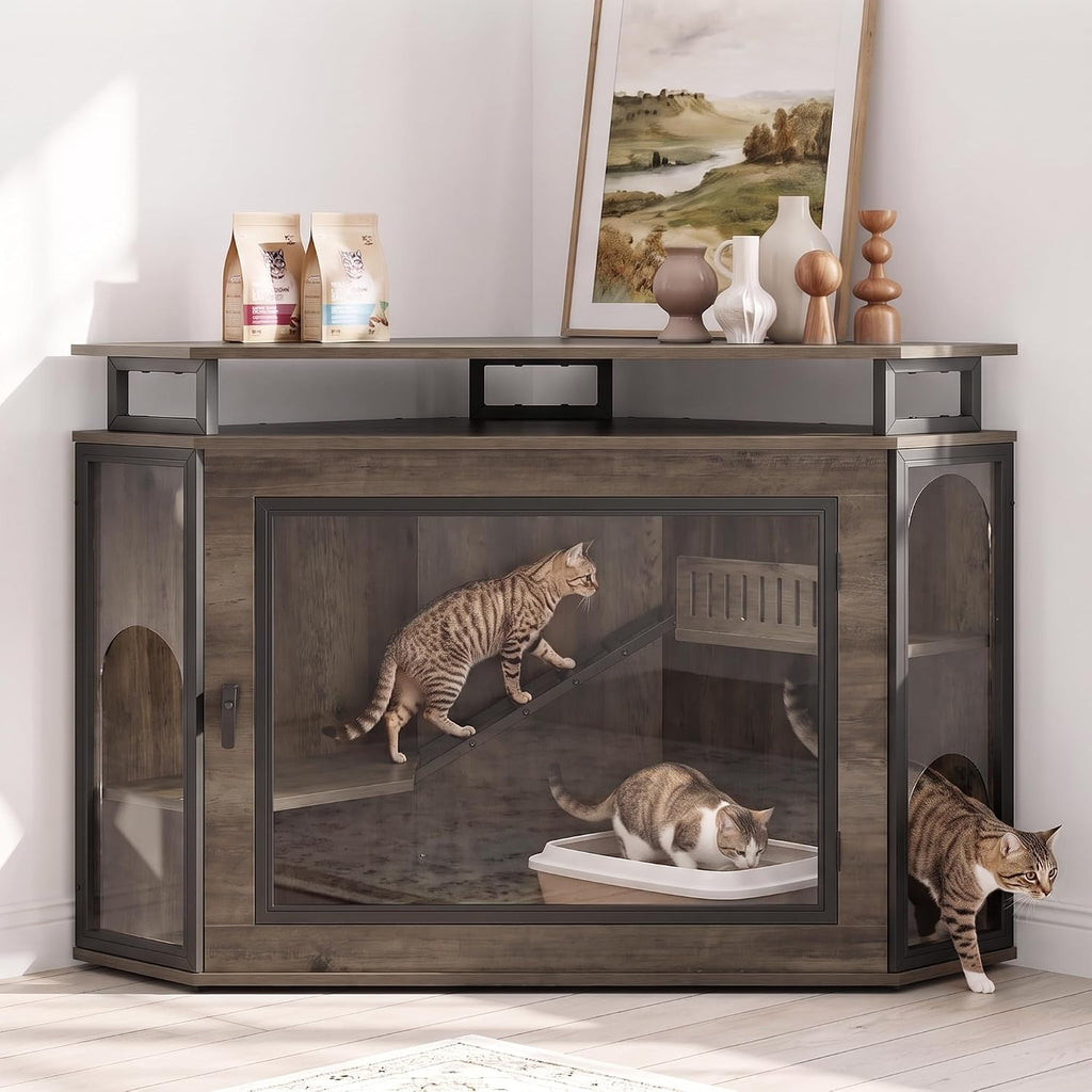 48" Corner Cat Cage Furniture w/2-Tier Shelves, Large Cat House