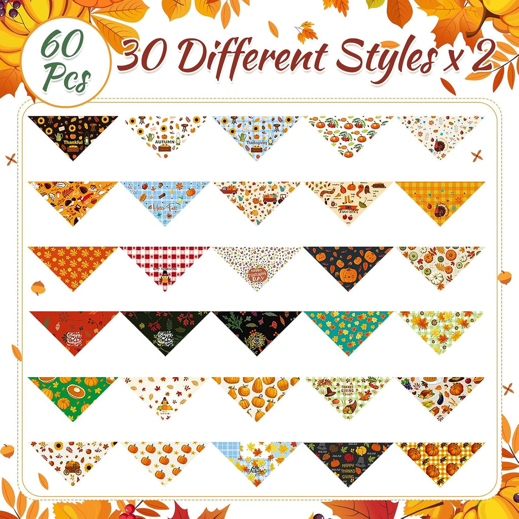 60 Pcs Fall Dog Bandana Bulk Thanksgiving Pet Scarf, Turkey Pattern