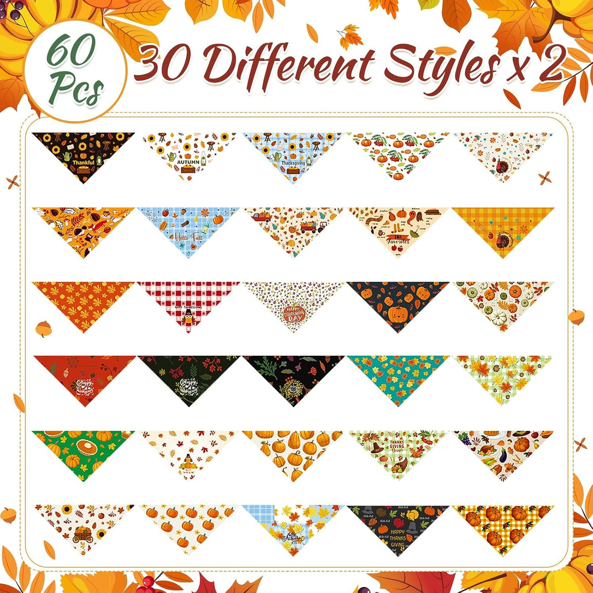 60 Pcs Fall Dog Bandana Bulk Thanksgiving Pet Scarf, Turkey Pattern