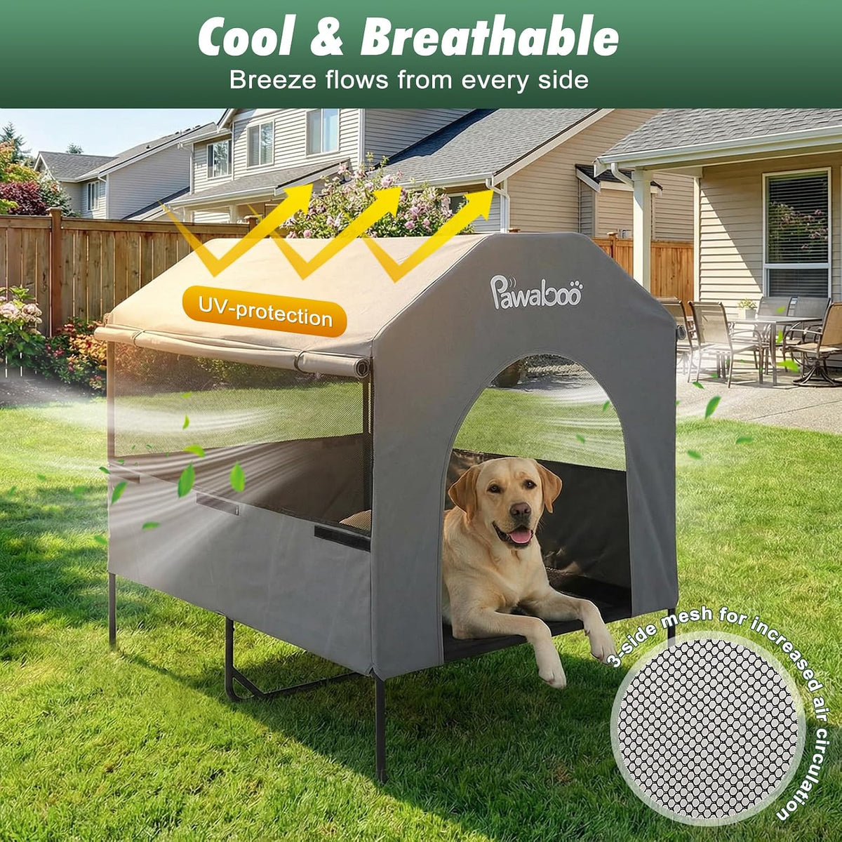 Pawaboo 47" XL Dog House Outdoor Weatherproof, with Breathable Mesh Windows