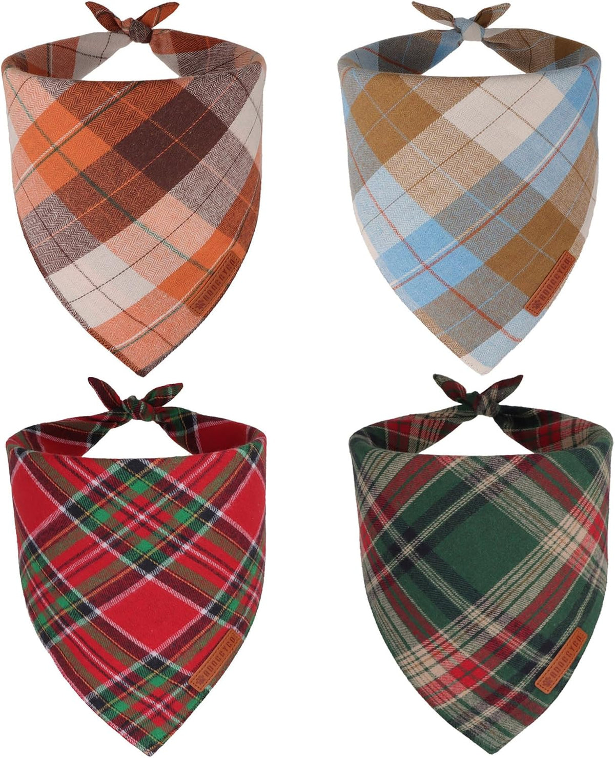 Fall Christmas Dog Bandanas, Plaid Dog Scarf, 4 Pack, Large