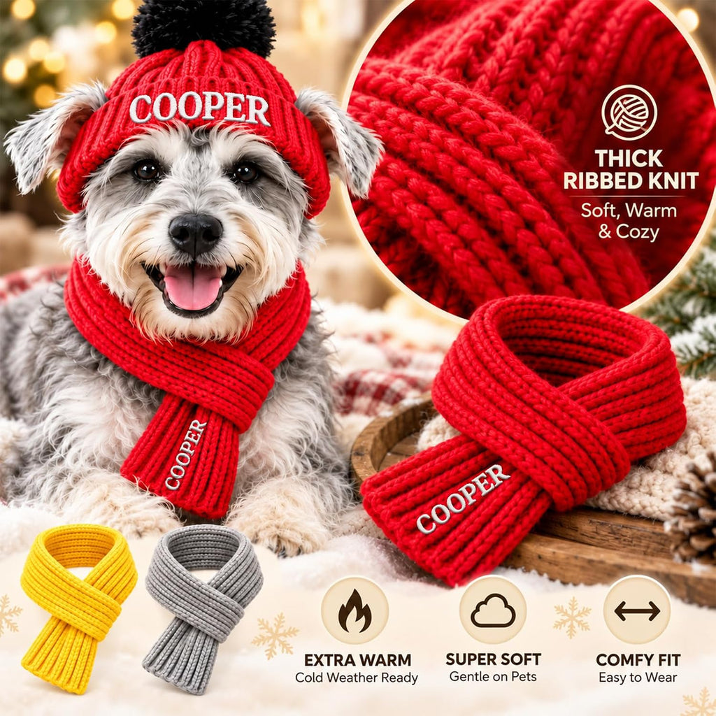 Personalized Dog Beanie with Scarf Set Custom Pet Winter Hat with Ear Holes
