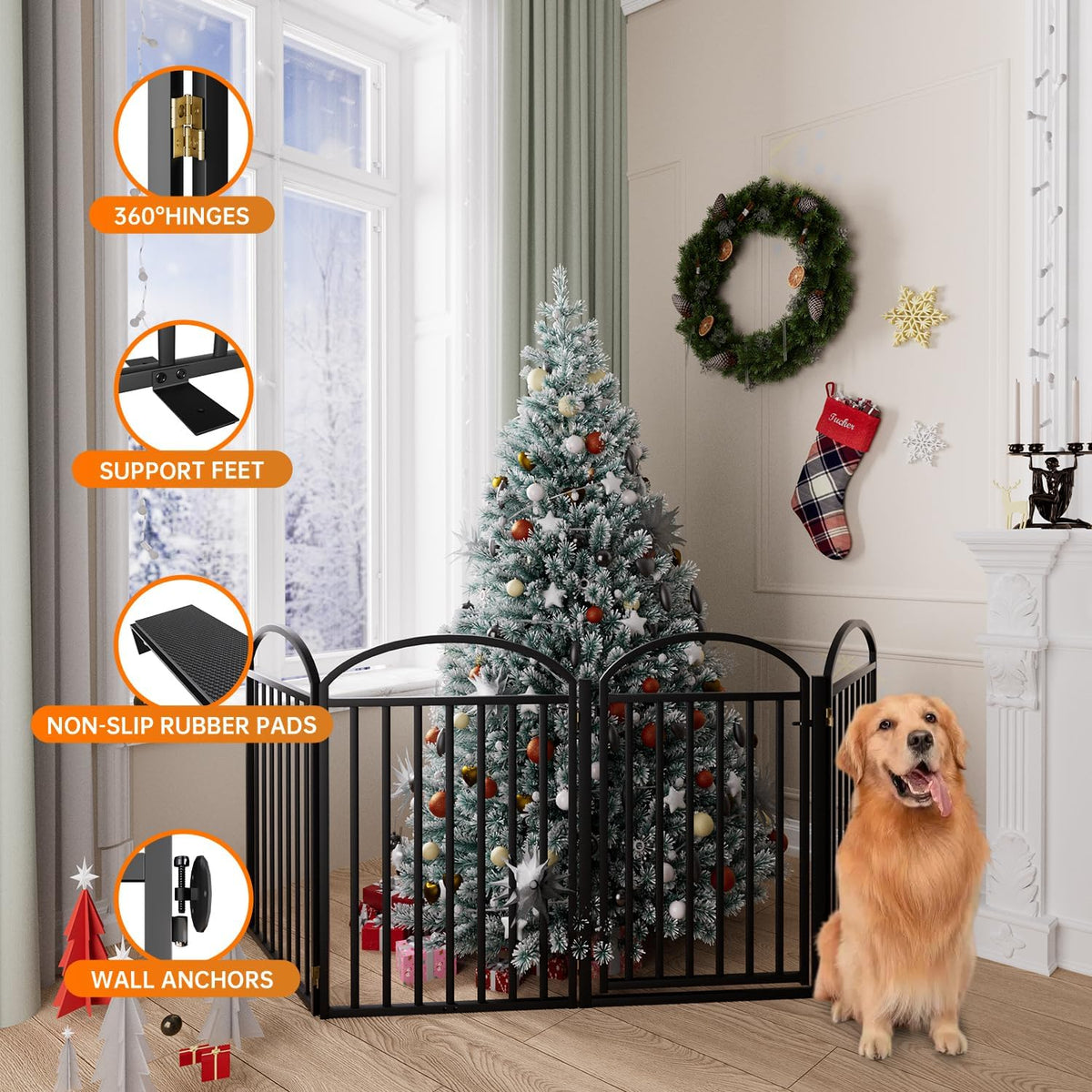 4 Panels Full Matel Freestanding Dog Gates with Door, 96"Extra Wide 32"Tall Free Standing Dog Pet Gate for Indoor & Outd