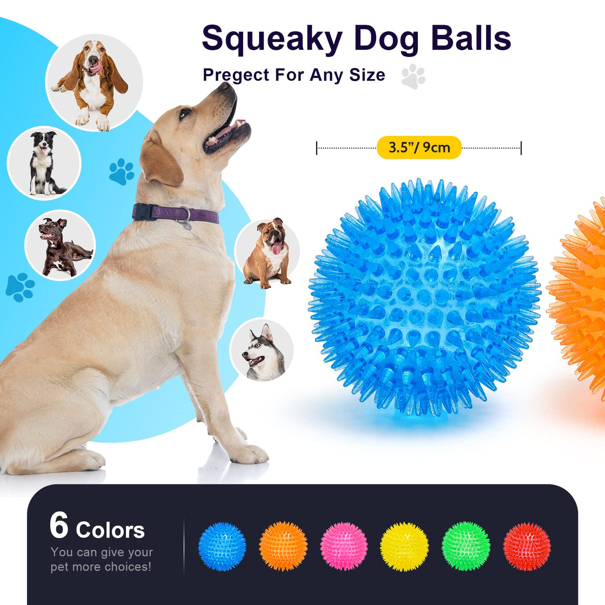 VITEVER 3.5” Squeaky Dog Toy Balls (6 Colors) Puppy Chew Toys for Teething, BPA Free Non-Toxic, Spikey Dog Balls for Medium, Large & Small Dogs, Durable Toys for Aggressive Chewers