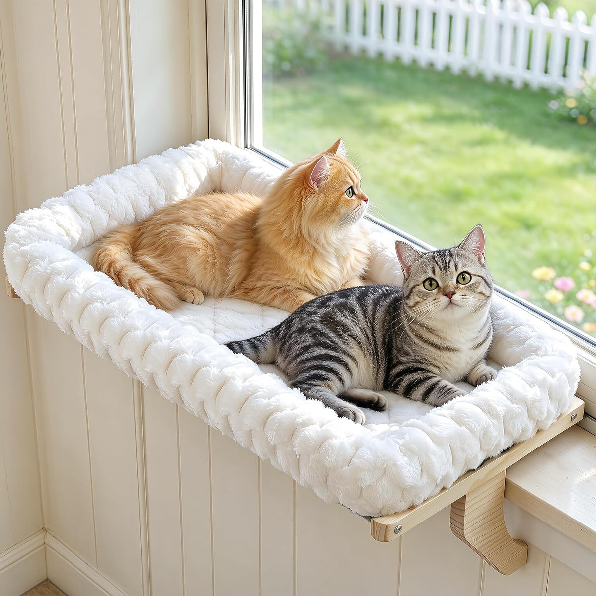 Cloud-soft Wooden Cat Window Sill Perch with Zipper Cushion,L White