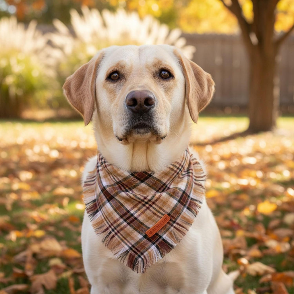 Brown Plaid Fall Dog Bandana, Fringed Thanksgiving Dog Scarf, L