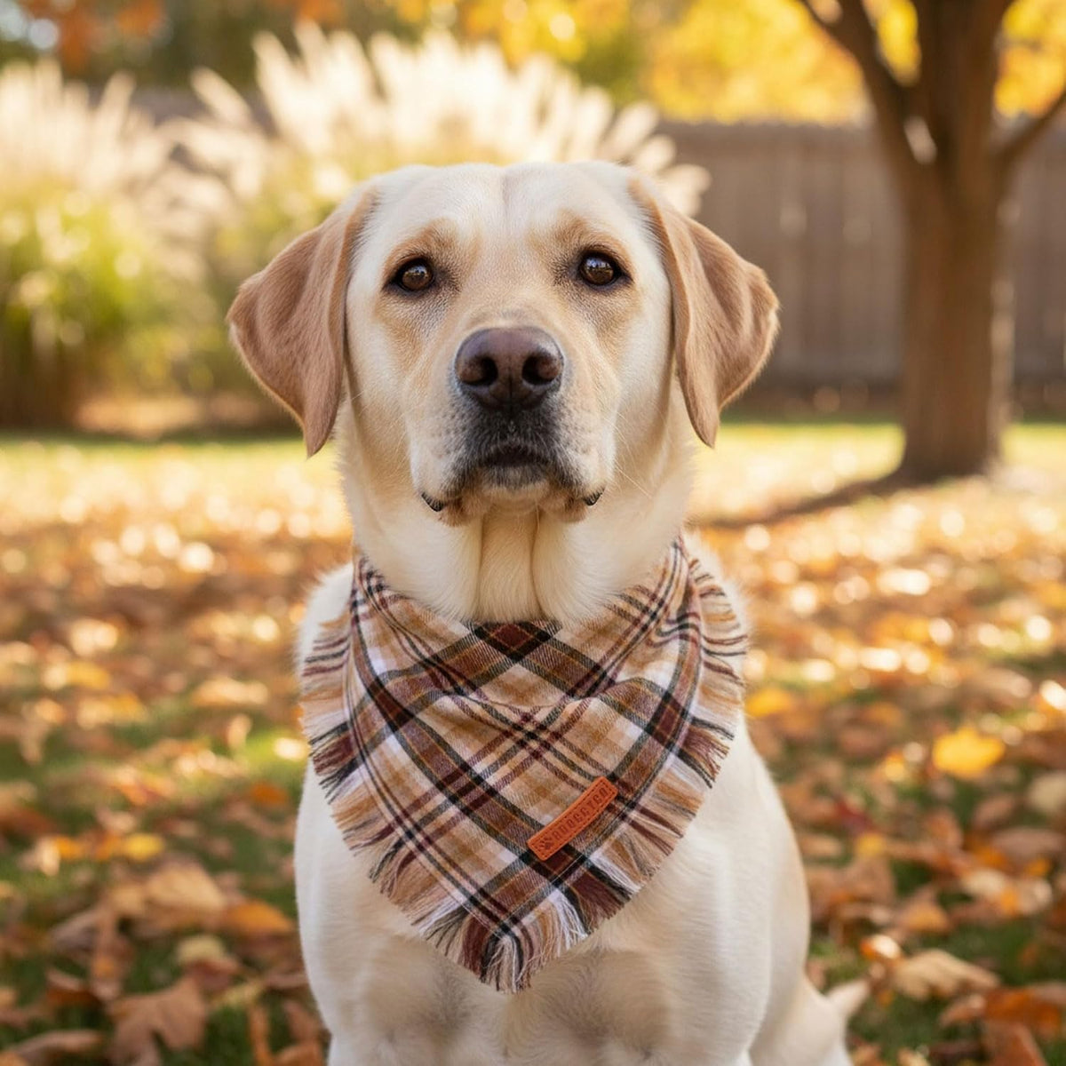 Brown Plaid Fall Dog Bandana, Fringed Thanksgiving Dog Scarf, L