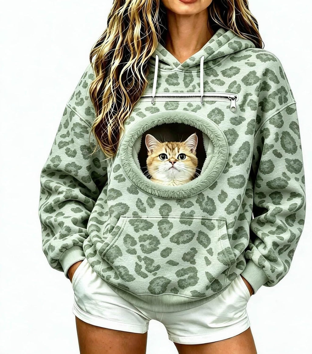 Womens Leopard Print Hoodie - Pet Pouch, Cat Dog Carrier, Kangaroo Pocket
