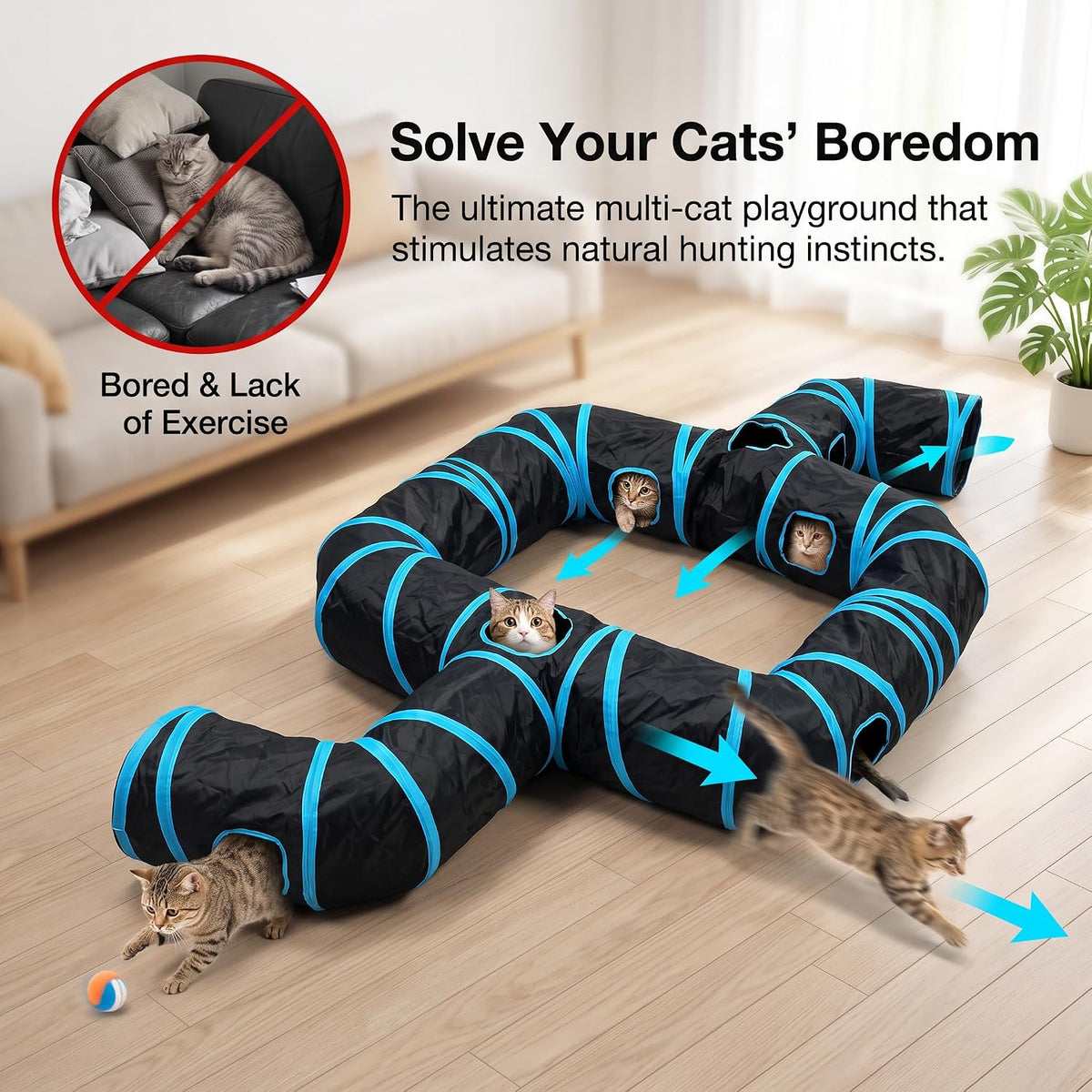 Blue & Black Ring Cat Tunnel, Foldable Toy for Indoor Cats & Small Pets