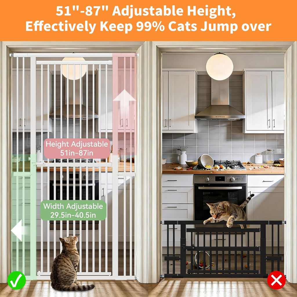 51"-87" Extra Tall Pet Gate for Cats, 29.5"-40.5" Wide Pressure Mounted No-Drilling Safety Dog Gate, Metal Walk-Thru Bar