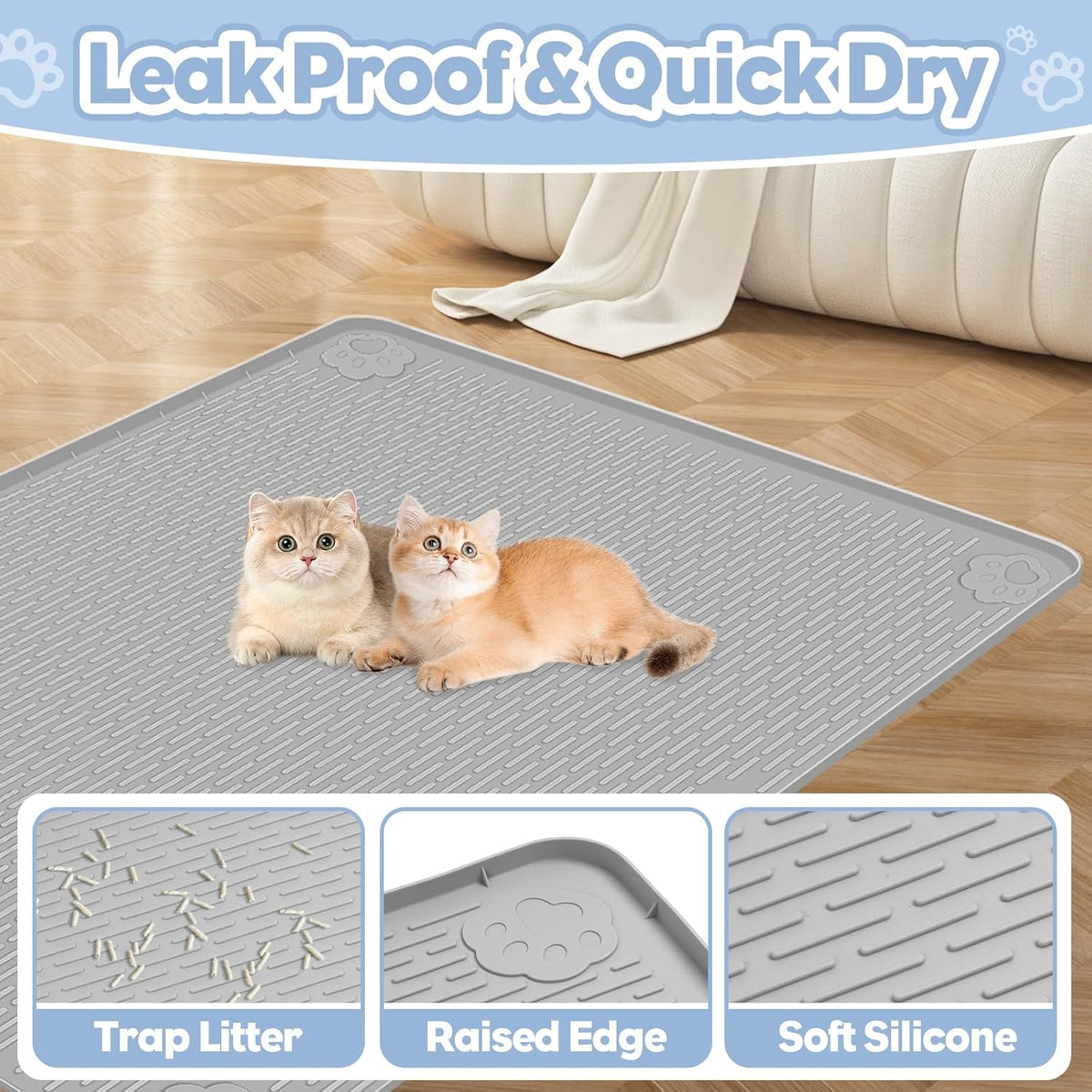 Silicone Cat Litter Mat for Litter Box 40”x28” Large Cat Mat, Light Grey