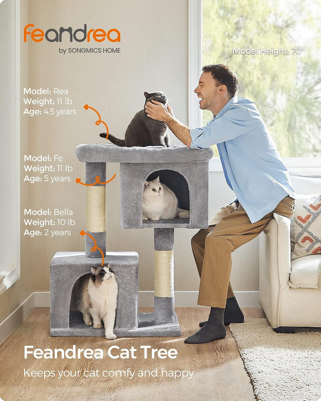 Feandrea Cat Tree, 40.6-Inch Tall Cat Tower, Cute Plush Condo, Light Gray