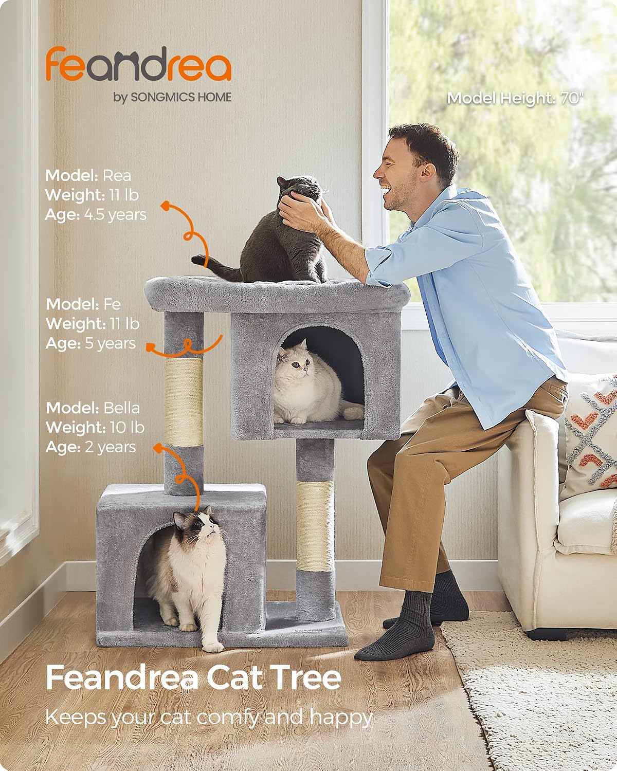 Feandrea Cat Tree, 40.6-Inch Tall Cat Tower, Cute Plush Condo, Light Gray