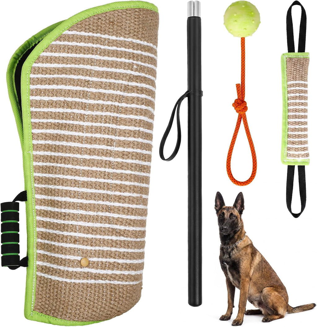 Leyndo 4 Pcs Dog Training Sleeve Set with Tug Pillow Stick Ball, Green