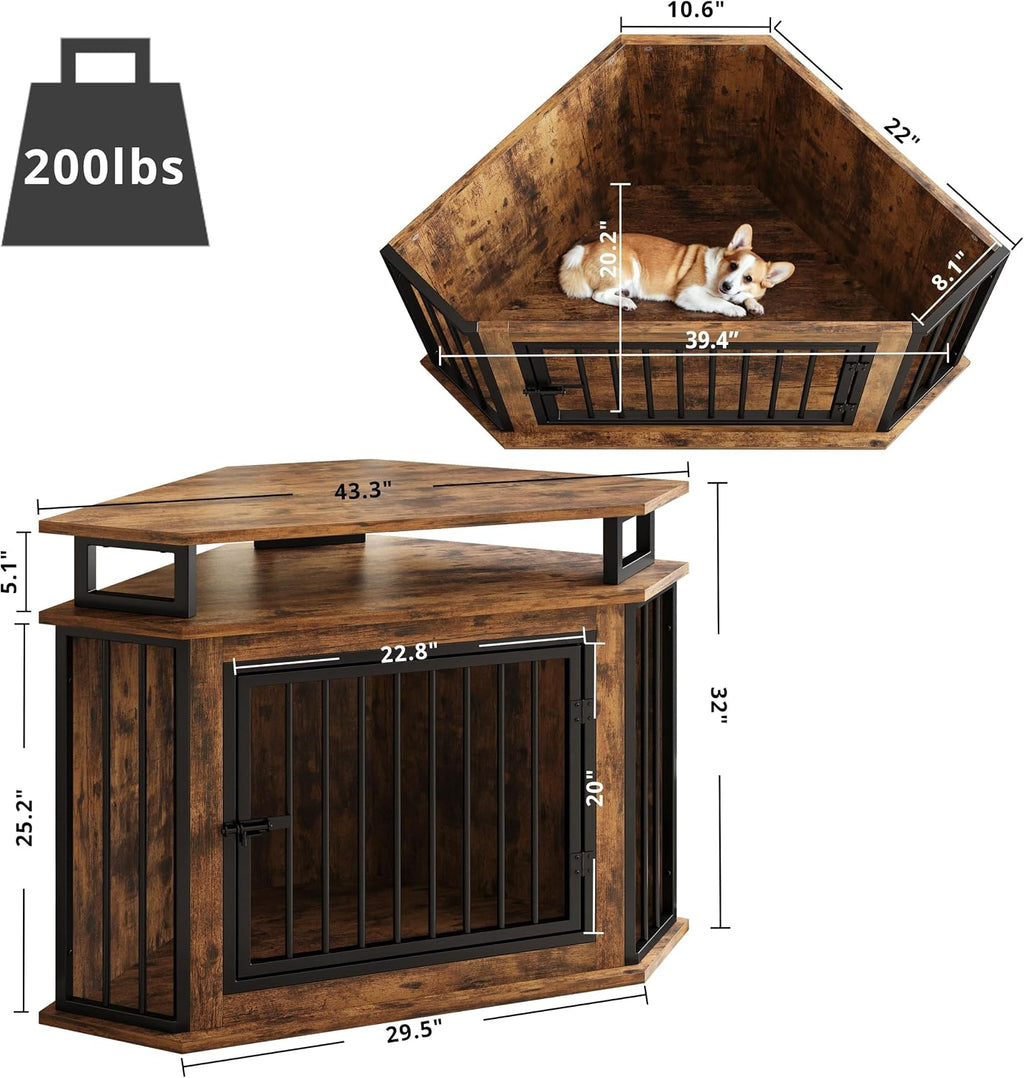 IRONCK 43.3" Corner Dog Crate Furniture with 2-Tier Shelves Rustic Brown