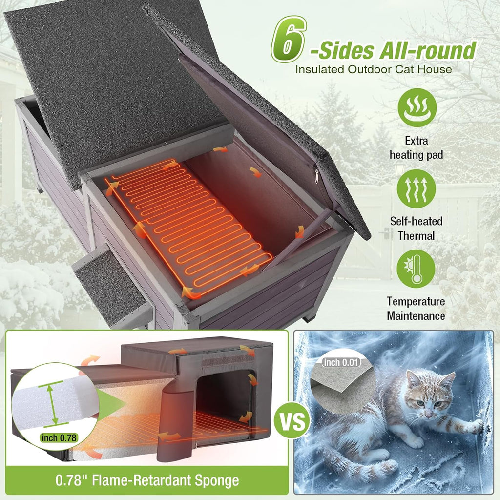 Large Heated Outdoor Cat House with Insulated Liner for 2-4 Cats