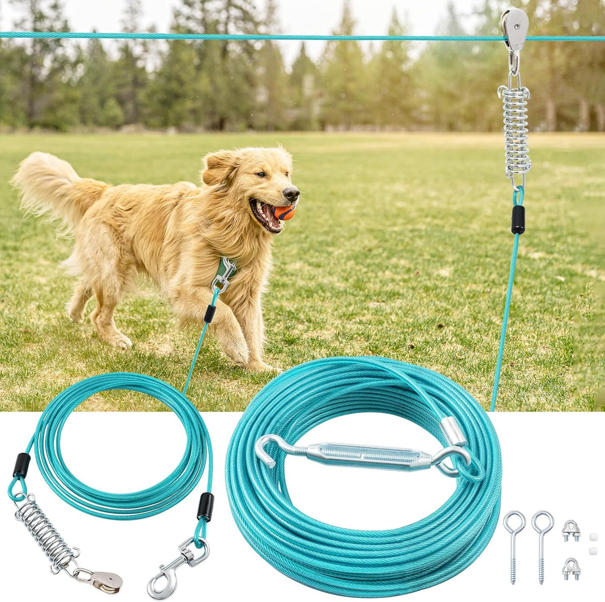Dog Runner for Yard, Outdoor Dog Run, 100FT+15FT, Red