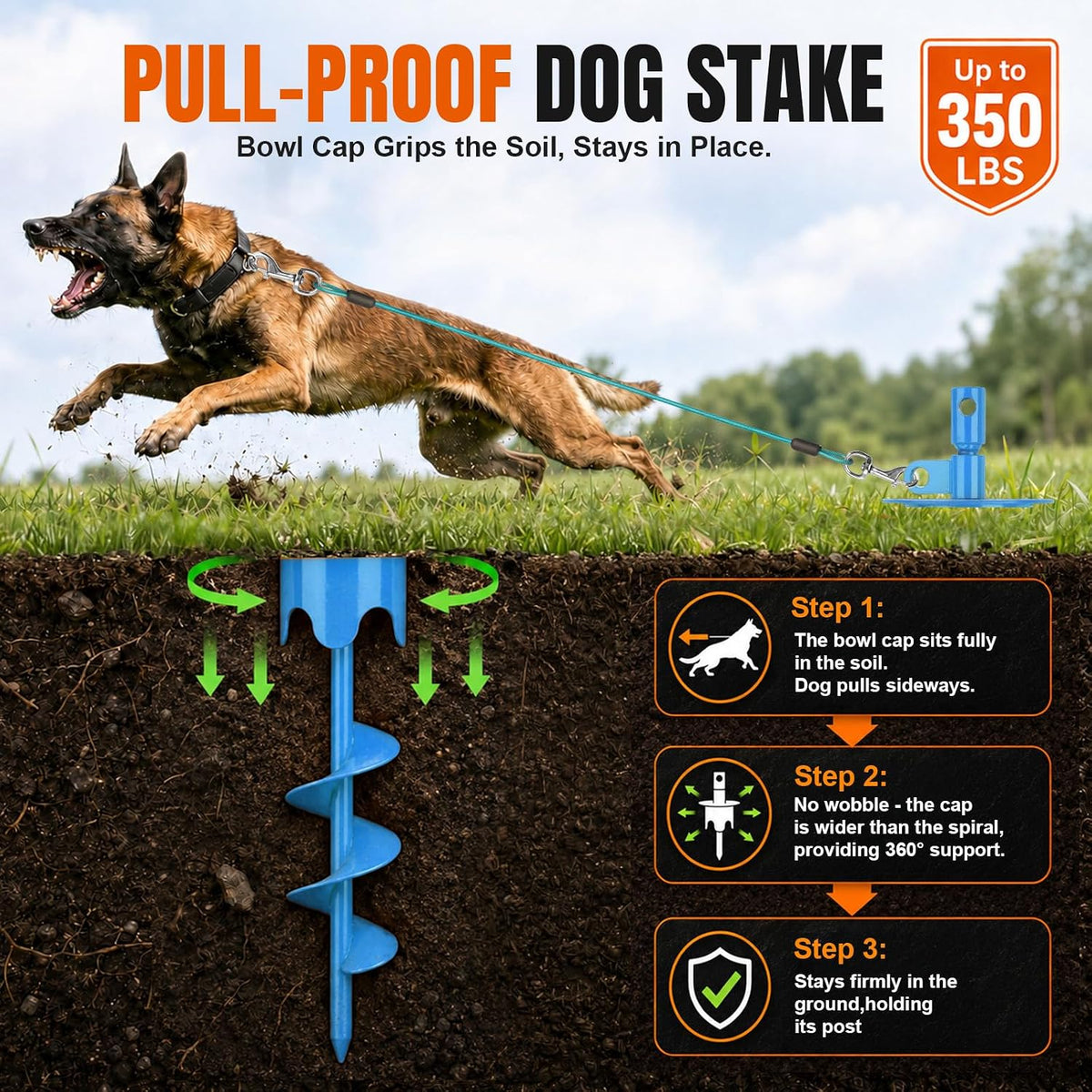 17" Heavy Duty Dog Tie Out Stake with Buffer Rope for Large Dogs