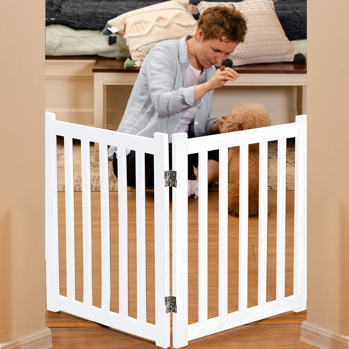 LZRS Wooden Free Standing Dog Gate 40" W x 24" H, Foldable Solid Hardwood Pet Safety Fence for House Doorways, Stairs, H